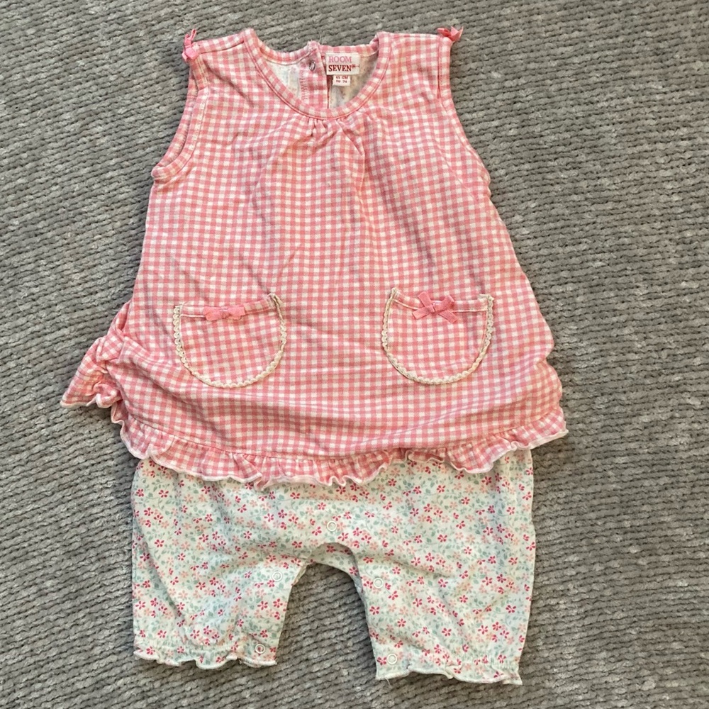 Room Seven Gingham Floral One Piece Romper Outfit Ruffles 12 Months Cottagecore